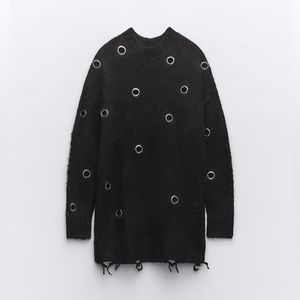 ZARA Black Longline Ripped Eyelet Sweater  Size L